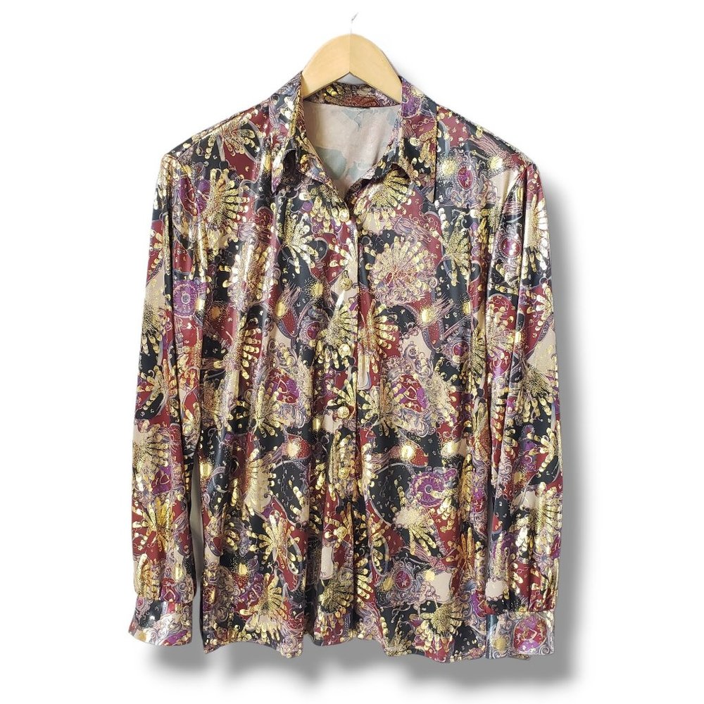 Vintage Black Multicolored Metallic Gold Button-up Top Size Medium